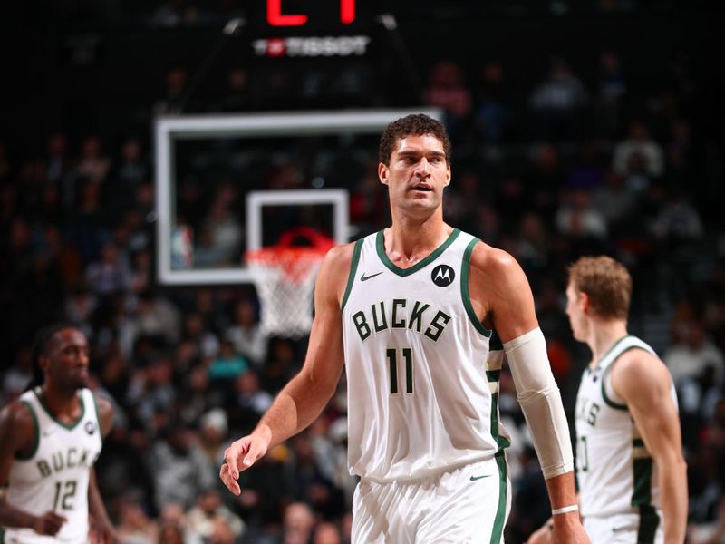 BROOKLYN, NY - DECEMBER 8: Brook Lopez #11 of the Milwaukee Bucks looks on during the game against the Brooklyn Nets on December 8, 2024 at Barclays Center in Brooklyn, New York. NOTE TO USER: User expressly acknowledges and agrees that, by downloading and or using this Photograph, user is consenting to the terms and conditions of the Getty Images License Agreement. Mandatory Copyright Notice: Copyright 2024 NBAE (David L. Nemec/NBAE via Getty Images)