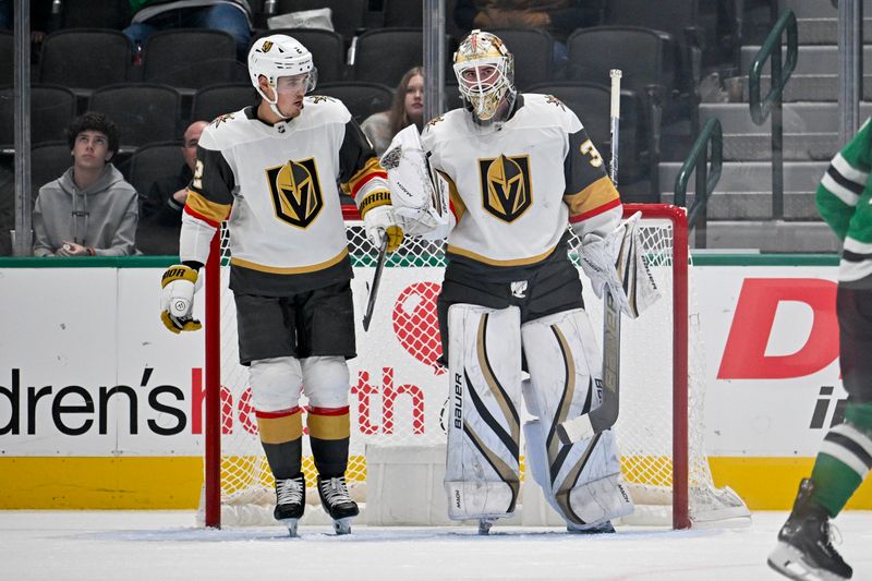 Dec 9, 2023; Dallas, Texas, USA; Vegas Golden Knights defenseman Zach Whitecloud (2) and goaltender Logan Thompson (36) skate off the ice after the Vegas defeats the Dallas Stars at the American Airlines Center. Mandatory Credit: Jerome Miron-USA TODAY Sports