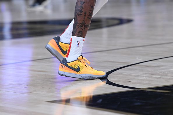 SAN FRANCISCO, CA - NOVEMBER 20: The sneakers worn by Reggie Bullock Jr. #25 of the Houston Rockets during the game against the Golden State Warriors on November 20, 2023 at Chase Center in San Francisco, California. NOTE TO USER: User expressly acknowledges and agrees that, by downloading and or using this photograph, user is consenting to the terms and conditions of Getty Images License Agreement. Mandatory Copyright Notice: Copyright 2023 NBAE (Photo by Noah Graham/NBAE via Getty Images)