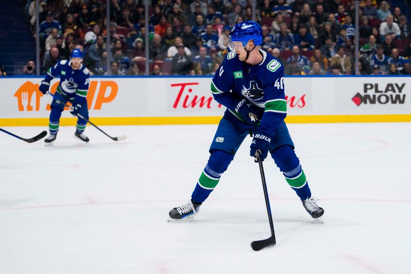 Jan 24, 2024; Vancouver, British Columbia, CAN; Vancouver Canucks forward Elias Pettersson (40) handles the puck against the St. Louis Blues in the third period at Rogers Arena. Blues 4-3 in overtime. Mandatory Credit: Bob Frid-USA TODAY Sports