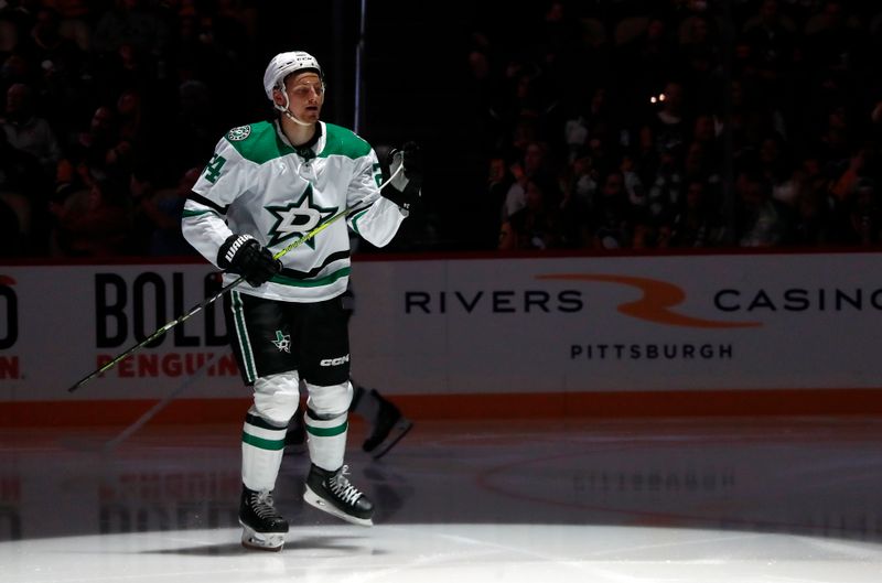 Oct 24, 2023; Pittsburgh, Pennsylvania, USA; Dallas Stars center Roope Hintz (24) takes the ice against the Pittsburgh Penguins during the first period at PPG Paints Arena. Mandatory Credit: Charles LeClaire-USA TODAY Sports