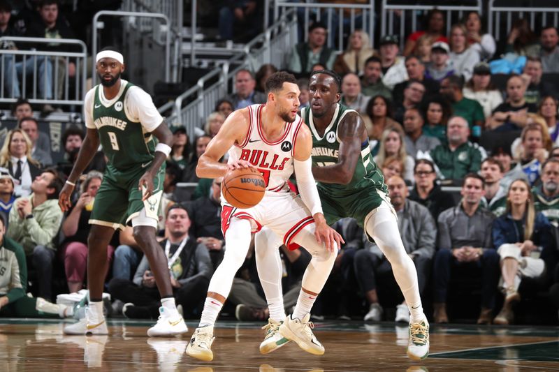 MILWAUKEE, WI - NOVEMBER 20: Zach LaVine #8 of the Chicago Bulls handles the ball during the game against the Milwaukee Bucks on November 20, 2024 at the Fiserv Forum Center in Milwaukee, Wisconsin. NOTE TO USER: User expressly acknowledges and agrees that, by downloading and or using this Photograph, user is consenting to the terms and conditions of the Getty Images License Agreement. Mandatory Copyright Notice: Copyright 2024 NBAE (Photo by Gary Dineen/NBAE via Getty Images).