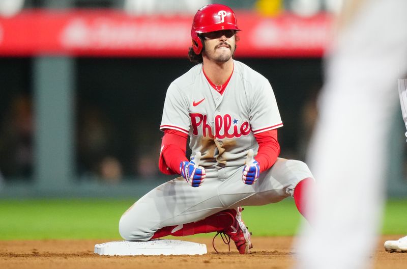 May 12, 2023; Denver, Colorado, USA; Philadelphia Phillies designated hitter Garrett Stubbs (21) reacts after his double in the seventh inning against the Colorado Rockies at Coors Field. Mandatory Credit: Ron Chenoy-USA TODAY Sports