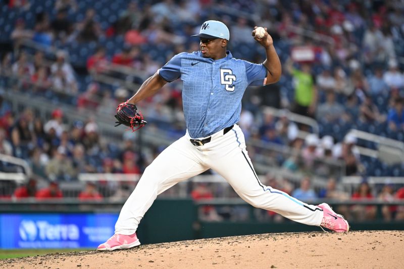 Jun 6, 2025; Washington, District of Columbia, USA; Washington Nationals relief pitcher Jose Ferrer (47) throws a pitch during the eighth inning against the Texas Rangers at Nationals Park. Mandatory Credit: Rafael Suanes-Imagn Images
