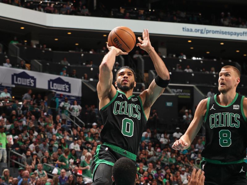 CHARLOTTE, NC - APRIL 1: Jayson Tatum #0 of the Boston Celtics shoots the ball during the game against the Charlotte Hornets on April 1, 2024 at Spectrum Center in Charlotte, North Carolina. NOTE TO USER: User expressly acknowledges and agrees that, by downloading and or using this photograph, User is consenting to the terms and conditions of the Getty Images License Agreement. Mandatory Copyright Notice: Copyright 2024 NBAE (Photo by Kent Smith/NBAE via Getty Images)