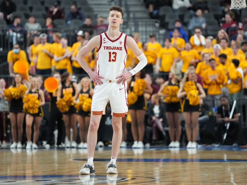 Mar 9, 2023; Las Vegas, NV, USA; USC Trojans guard Drew Peterson (13) awaits a free throw attempt by the Arizona State Sun Devils during the second half at T-Mobile Arena. Mandatory Credit: Stephen R. Sylvanie-USA TODAY Sports