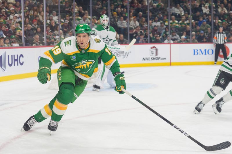 Dec 11, 2025; Saint Paul, Minnesota, USA; Minnesota Wild center Tyler Pitlick (19) in action against the Dallas Stars in the first period at Grand Casino Arena. Mandatory Credit: Matt Blewett-Imagn Images