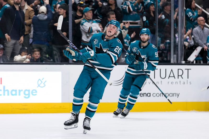 Nov 23, 2024; San Jose, California, USA; San Jose Sharks left wing Fabian Zetterlund (20) celebrates after scoring against the Buffalo Sabres during the first period at SAP Center in San Jose. Mandatory Credit: John Hefti-Imagn Images