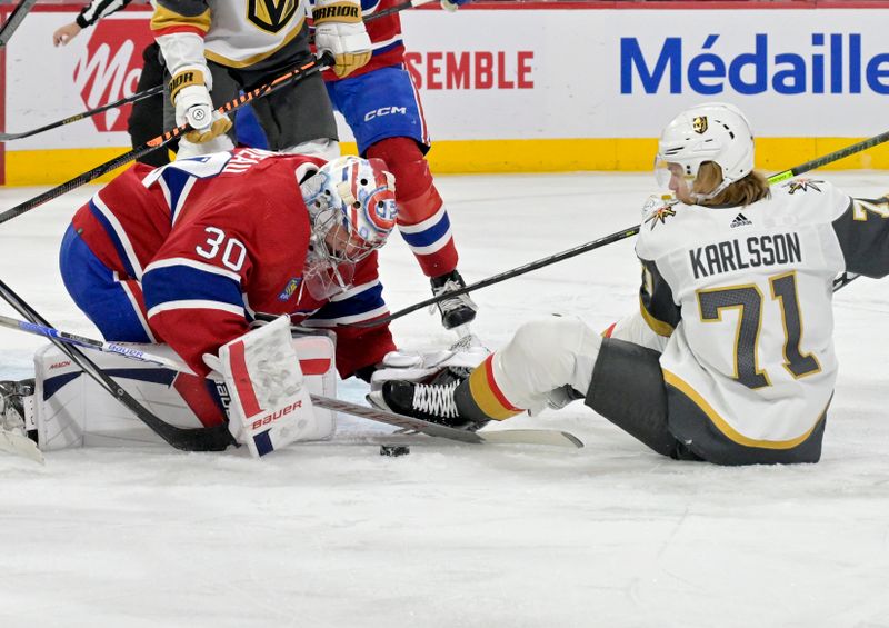 Nov 16, 2023; Montreal, Quebec, CAN; Montreal Canadiens goalie Cayden Primeau (30) stops Vegas Golden Knights forward William Karlsson (71) during the first period at the Bell Centre. Mandatory Credit: Eric Bolte-USA TODAY Sports