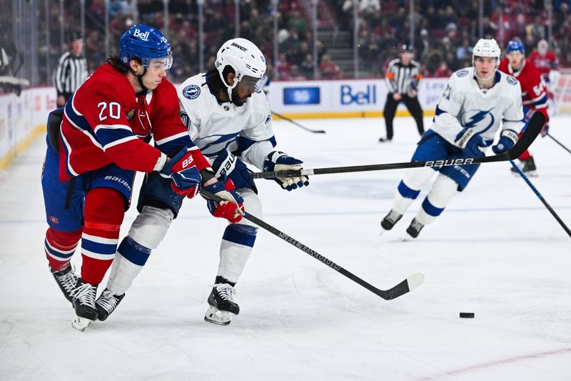 Apr 4, 2024; Montreal, Quebec, CAN; Montreal Canadiens left wing Juraj Slafkovsky (20) plays the puck against Tampa Bay Lightning left wing Anthony Duclair (10) during the first period at Bell Centre. Mandatory Credit: David Kirouac-USA TODAY Sports