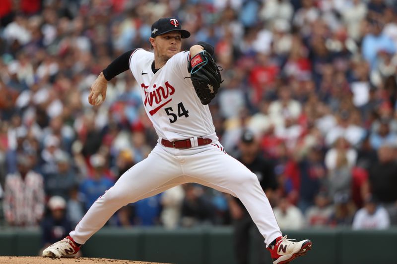 Oct 4, 2023; Minneapolis, Minnesota, USA; Minnesota Twins starting pitcher Sonny Gray (54) throws a pitch in the first inning against the Toronto Blue Jays during game two of the Wildcard series for the 2023 MLB playoffs at Target Field. Mandatory Credit: Jesse Johnson-USA TODAY Sports