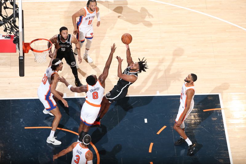 NEW YORK, NY - NOVEMBER 17: Cam Thomas #24 of the Brooklyn Nets shoots the ball during the game against the New York Knicks on November 17, 2024 at Madison Square Garden in New York City, New York.  NOTE TO USER: User expressly acknowledges and agrees that, by downloading and or using this photograph, User is consenting to the terms and conditions of the Getty Images License Agreement. Mandatory Copyright Notice: Copyright 2024 NBAE  (Photo by Nathaniel S. Butler/NBAE via Getty Images)