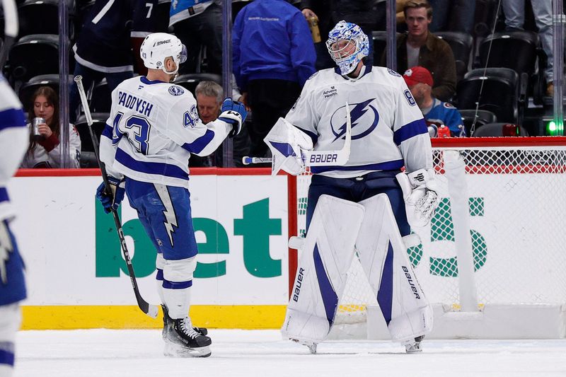 Oct 30, 2024; Denver, Colorado, USA; Tampa Bay Lightning defenseman Darren Raddysh (43) celebrates with goaltender Andrei Vasilevskiy (88) after the game against the Colorado Avalanche at Ball Arena. Mandatory Credit: Isaiah J. Downing-Imagn Images