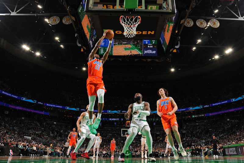 BOSTON, MA - APRIL 3: Cason Wallace #22 of the Oklahoma City Thunder dunks the ball during the game against the Boston Celtics on April 3, 2024 at the TD Garden in Boston, Massachusetts. NOTE TO USER: User expressly acknowledges and agrees that, by downloading and or using this photograph, User is consenting to the terms and conditions of the Getty Images License Agreement. Mandatory Copyright Notice: Copyright 2024 NBAE  (Photo by Brian Babineau/NBAE via Getty Images)