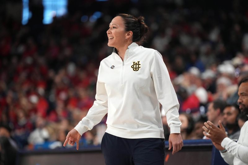 Mar 23, 2024; Spokane, WA, USA; UC Irvine Anteaters head coach Tamara Inoue reacts during a game against the Gonzaga Bulldogs at McCarthey Athletic Center. Mandatory Credit: Kirby Lee-USA TODAY Sports