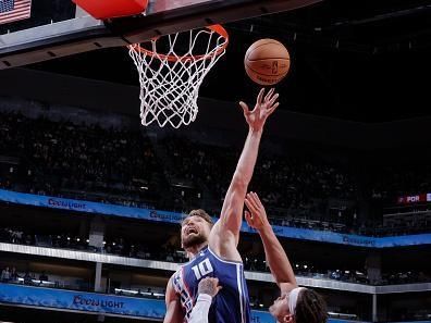 SACRAMENTO, CA - DECEMBER 2: Domantas Sabonis #10 of the Sacramento Kings shoots the ball during the game against the Denver Nuggets on December 2, 2023 at Golden 1 Center in Sacramento, California. NOTE TO USER: User expressly acknowledges and agrees that, by downloading and or using this Photograph, user is consenting to the terms and conditions of the Getty Images License Agreement. Mandatory Copyright Notice: Copyright 2023 NBAE (Photo by Rocky Widner/NBAE via Getty Images)