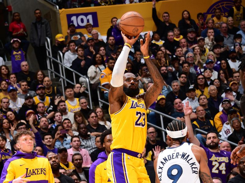 LOS ANGELES, CA - APRIL 22:  LeBron James #23 of the Los Angeles Lakers Minnesota Timberwolves shoots the ball during the game against the Los Angeles Lakers during Round 1 Game 2 of the 2025 NBA Playoffs on April 22, 2025 at Crypto.Com Arena in Los Angeles, California. NOTE TO USER: User expressly acknowledges and agrees that, by downloading and/or using this Photograph, user is consenting to the terms and conditions of the Getty Images License Agreement. Mandatory Copyright Notice: Copyright 2025 NBAE (Photo by Adam Pantozzi/NBAE via Getty Images)