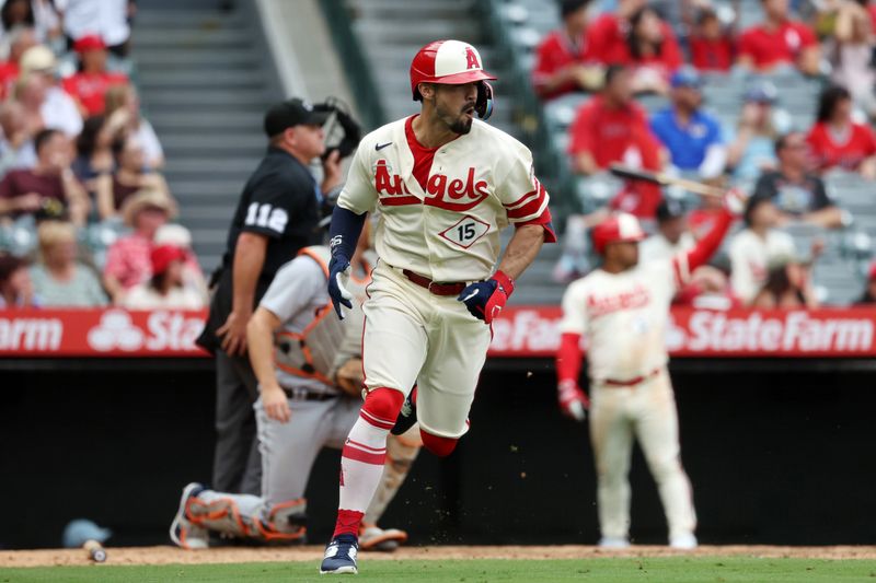 Sep 17, 2023; Anaheim, California, USA; Los Angeles Angels left fielder Randal Grichuk (15) reacts to his two-run home run during the sixth inning against the Detroit Tigers at Angel Stadium. Mandatory Credit: Kiyoshi Mio-USA TODAY Sports