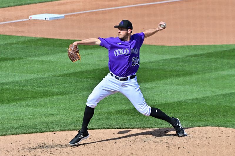 Mar 6, 2023; Salt River Pima-Maricopa, Arizona, USA; Colorado Rockies pitcher Ty Blach (50) throws in the third inning against the Texas Rangers during a Spring Training game at Salt River Fields at Talking Stick. Mandatory Credit: Matt Kartozian-USA TODAY Sports