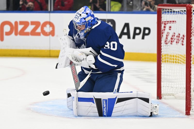 Oct 14, 2025; Toronto, Ontario, CAN;  Toronto Maple Leafs goalie Cayden Primeau (30) makes a save against the Nashville Predators in the second period at Scotiabank Arena. Mandatory Credit: Dan Hamilton-Imagn Images