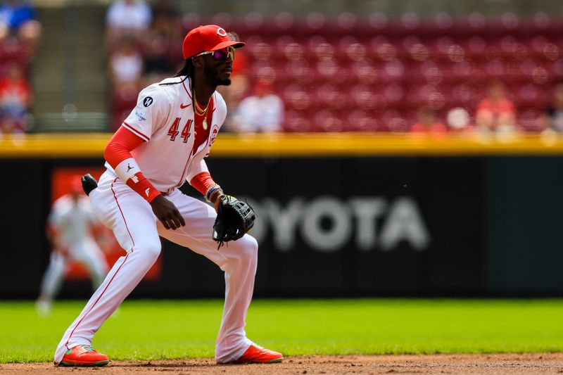 Apr 30, 2025; Cincinnati, Ohio, USA; Cincinnati Reds shortstop Elly De La Cruz (44) prepares for the pitch in the second inning against the St. Louis Cardinals at Great American Ball Park. Mandatory Credit: Katie Stratman-Imagn Images
