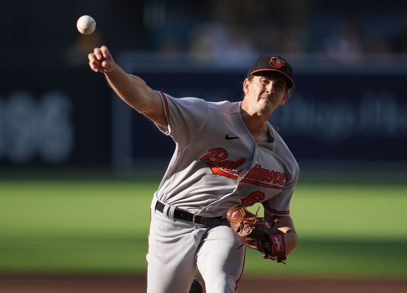 Aug 16, 2023; San Diego, California, USA; Baltimore Orioles starting pitcher Dean Kremer (64) throws a pitch against the San Diego Padres during the first inning at Petco Park. Mandatory Credit: Ray Acevedo-USA TODAY Sports