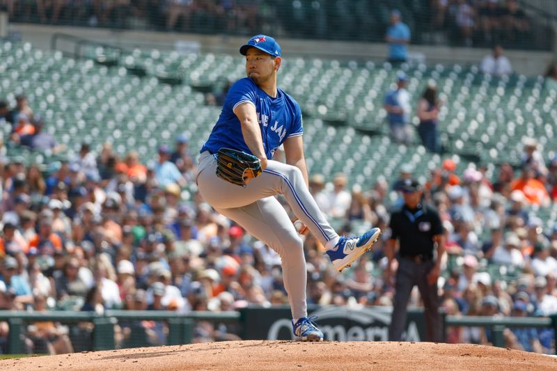 May 26, 2024; Detroit, Michigan, USA; Toronto Blue Jays starting pitcher Yusei Kikuchi (16) pitches during the first inning of the game against the Detroit Tigers at Comerica Park. Mandatory Credit: Brian Bradshaw Sevald-USA TODAY Sports