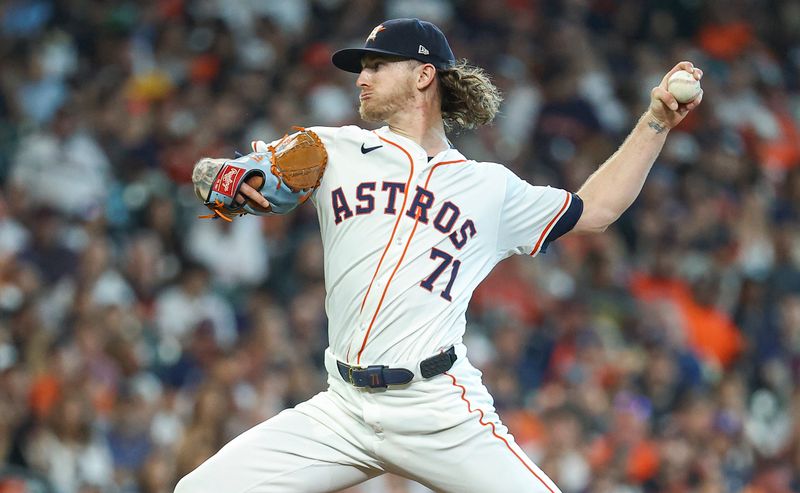 Jun 22, 2024; Houston, Texas, USA; Houston Astros relief pitcher Josh Hader (71) delivers a pitch during the ninth inning against the Baltimore Orioles at Minute Maid Park. Mandatory Credit: Troy Taormina-USA TODAY Sports