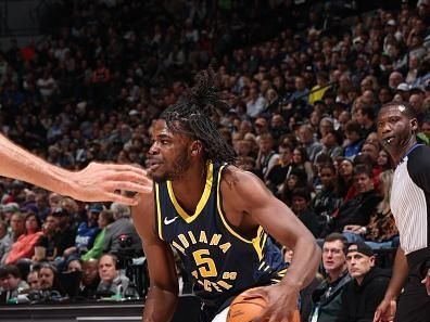 MINNEAPOLIS, MN -  DECEMBER 16: Jarace Walker #5 of the Indiana Pacers  handles the ball during the game against the Minnesota Timberwolves on December 16 , 2023 at Target Center in Minneapolis, Minnesota. NOTE TO USER: User expressly acknowledges and agrees that, by downloading and or using this Photograph, user is consenting to the terms and conditions of the Getty Images License Agreement. Mandatory Copyright Notice: Copyright 2023 NBAE (Photo by David Sherman/NBAE via Getty Images)