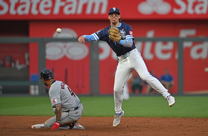 Jun 28, 2024; Kansas City, Missouri, USA;  Kansas City Royals shortstop Bobby Witt Jr. (7) throws to first base after forcing out Cleveland Guardians Brayan Rocchio (4) in the third inning against the at Kauffman Stadium. Mandatory Credit: Peter Aiken-USA TODAY Sports