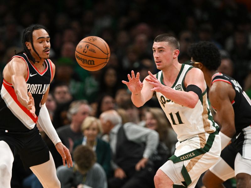 BOSTON, MASSACHUSETTS - APRIL 07: Payton Pritchard #11 of the Boston Celtics passes the ball against Dalano Banton #5 of the Portland Trail Blazers during the second quarter at the TD Garden on April 07, 2024 in Boston, Massachusetts. NOTE TO USER: User expressly acknowledges and agrees that, by downloading and or using this photograph, User is consenting to the terms and conditions of the Getty Images License Agreement. (Photo by Brian Fluharty/Getty Images)