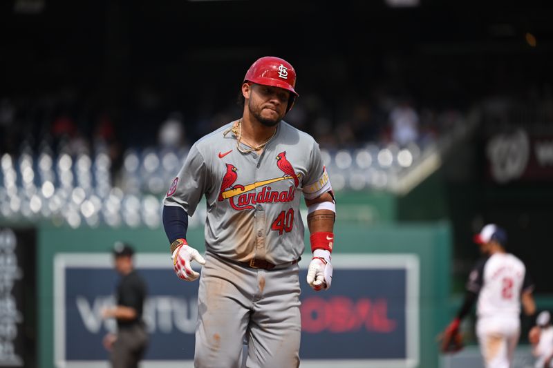 Jul 7, 2024; Washington, District of Columbia, USA; St. Louis Cardinals catcher Willson Contreras (40) rounds the basses after hitting a two run home run against the Washington Nationals during the seventh inning at Nationals Park. Mandatory Credit: Rafael Suanes-USA TODAY Sports