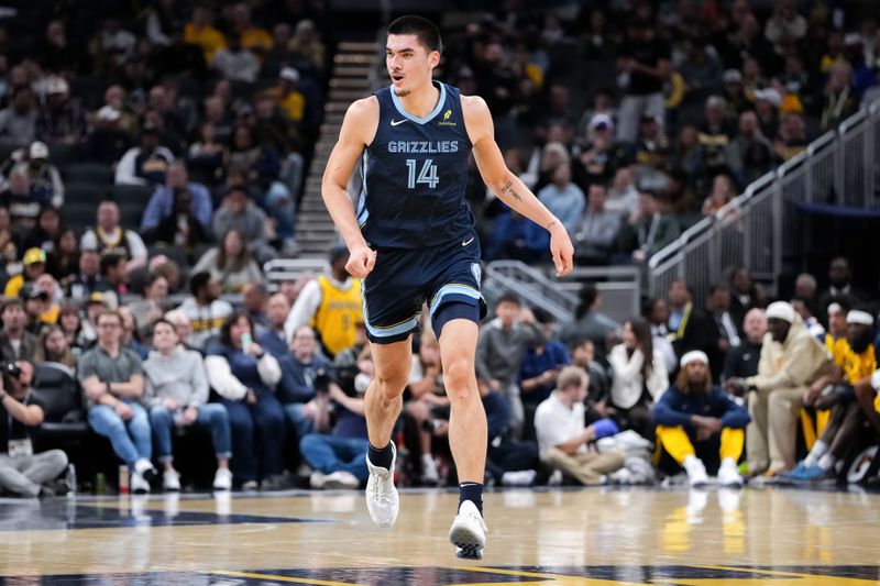 INDIANAPOLIS, INDIANA - OCTOBER 14: Zach Edey #14 of the Memphis Grizzlies reacts in the first quarter against the Indiana Pacers during a preseason game at Gainbridge Fieldhouse on October 14, 2024 in Indianapolis, Indiana. NOTE TO USER: User expressly acknowledges and agrees that, by downloading and or using this photograph, User is consenting to the terms and conditions of the Getty Images License Agreement. (Photo by Dylan Buell/Getty Images)