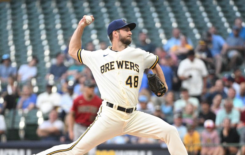 Jun 20, 2023; Milwaukee, Wisconsin, USA; Milwaukee Brewers starting pitcher Colin Rea (48) delivers a pitch against the Arizona Diamondbacks in the first inning at American Family Field. Mandatory Credit: Michael McLoone-USA TODAY Sports