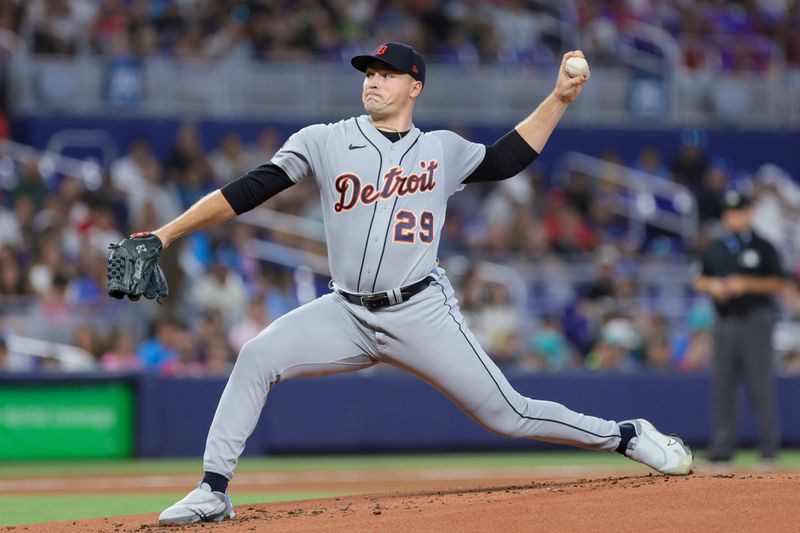 Jul 30, 2023; Miami, Florida, USA; Detroit Tigers starting pitcher Tarik Skubal (29) pitches against the Miami Marlins during the first inning at loanDepot Park. Mandatory Credit: Sam Navarro-USA TODAY Sports