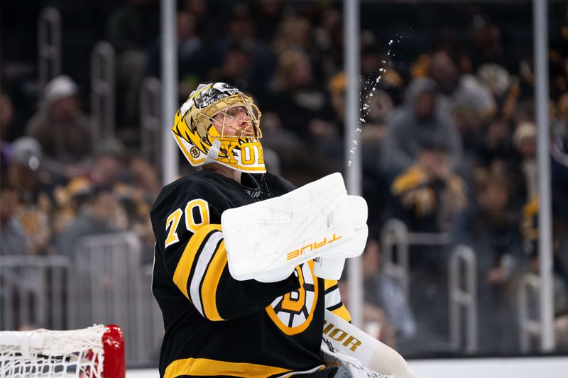 Jan 11, 2026; Boston, Massachusetts, USA; Boston Bruins goaltender Joonas Korpisalo (70) before the start of the second period of the game against the Pittsburgh Penguins at TD Garden. Mandatory Credit: Natalie Reid-Imagn Images
