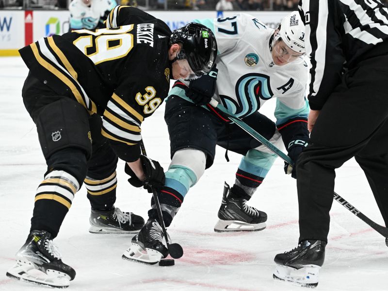 Feb 15, 2024; Boston, Massachusetts, USA; Face-off between Boston Bruins center Morgan Geekie (39) and Seattle Kraken center Yanni Gourde (37) during the second period at the TD Garden. Mandatory Credit: Brian Fluharty-USA TODAY Sports