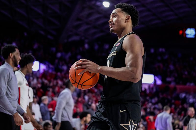 Jan 21, 2023; Athens, Georgia, USA; Vanderbilt Commodores guard Tyrin Lawrence (0) reacts after collecting the final rebound and defeating the Georgia Bulldogs at Stegeman Coliseum. Mandatory Credit: Dale Zanine-USA TODAY Sports