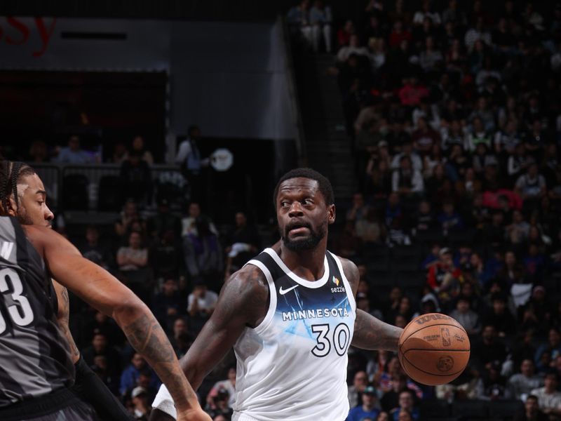 BROOKLYN, NY - APRIL 3: Julius Randle #30 of the Minnesota Timberwolves looks to pass the ball during the game against the Brooklyn Nets on April 3, 2025 at Barclays Center in Brooklyn, New York. NOTE TO USER: User expressly acknowledges and agrees that, by downloading and or using this Photograph, user is consenting to the terms and conditions of the Getty Images License Agreement. Mandatory Copyright Notice: Copyright 2025 NBAE (Photo by Nathaniel S. Butler/NBAE via Getty Images)
