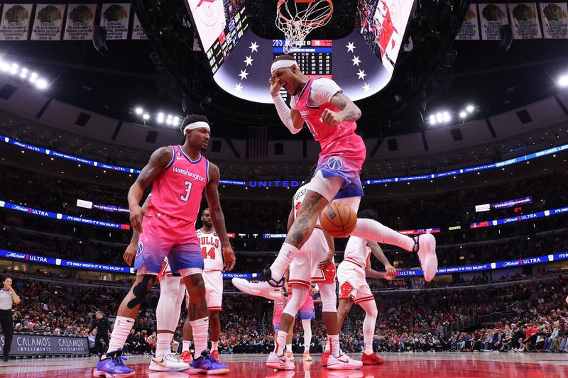 CHICAGO, ILLINOIS - FEBRUARY 26: Daniel Gafford #21 of the Washington Wizards celebrates a dunk against the Chicago Bulls during the second half at United Center on February 26, 2023 in Chicago, Illinois. NOTE TO USER: User expressly acknowledges and agrees that, by downloading and or using this photograph, User is consenting to the terms and conditions of the Getty Images License Agreement.  (Photo by Michael Reaves/Getty Images)