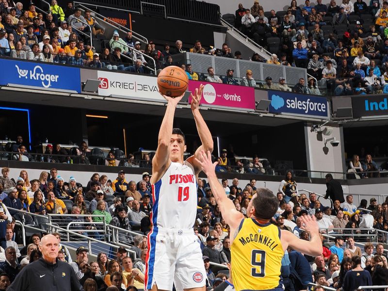 INDIANAPOLIS, IN - NOVEMBER 29: Simone Fontecchio #19 of the Detroit Pistons shoots the ball during the game against the Indiana Pacers during the Emirates NBA Cup game on November 29, 2024 at Gainbridge Fieldhouse in Indianapolis, Indiana. NOTE TO USER: User expressly acknowledges and agrees that, by downloading and or using this Photograph, user is consenting to the terms and conditions of the Getty Images License Agreement. Mandatory Copyright Notice: Copyright 2024 NBAE (Photo by Ron Hoskins/NBAE via Getty Images)