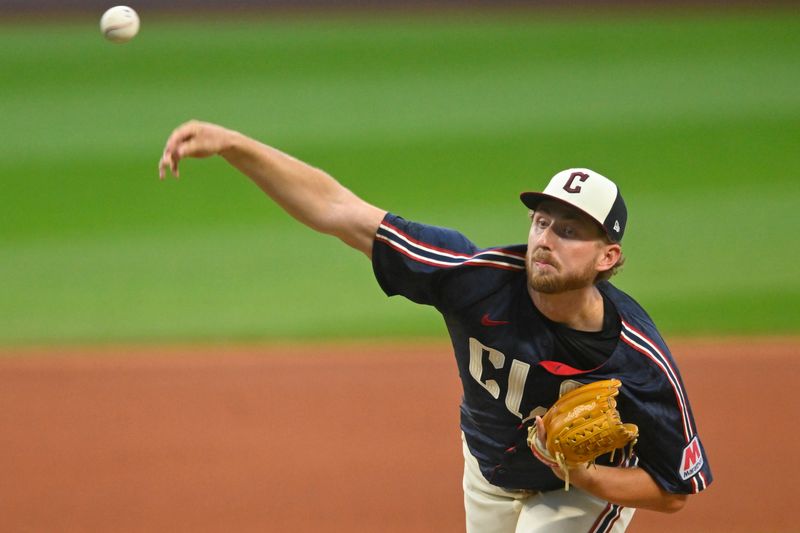 Sep 12, 2025; Cleveland, Ohio, USA; Cleveland Guardians starting pitcher Tanner Bibee (28) delivers a pitch in the first inning against the Chicago White Sox at Progressive Field. Mandatory Credit: David Richard-Imagn Images