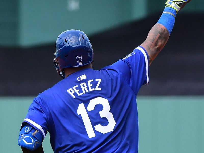 Jul 14, 2024; Boston, Massachusetts, USA;  Kansas City Royals designated hitter Salvador Perez (13) reacts after hitting a home run during the sixth inning against the Boston Red Sox at Fenway Park. Mandatory Credit: Bob DeChiara-USA TODAY Sports