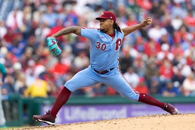 Apr 27, 2023; Philadelphia, Pennsylvania, USA; Philadelphia Phillies relief pitcher Gregory Soto (30) throws a pitch during the seventh inning against the Seattle Mariners at Citizens Bank Park. Mandatory Credit: Bill Streicher-USA TODAY Sports