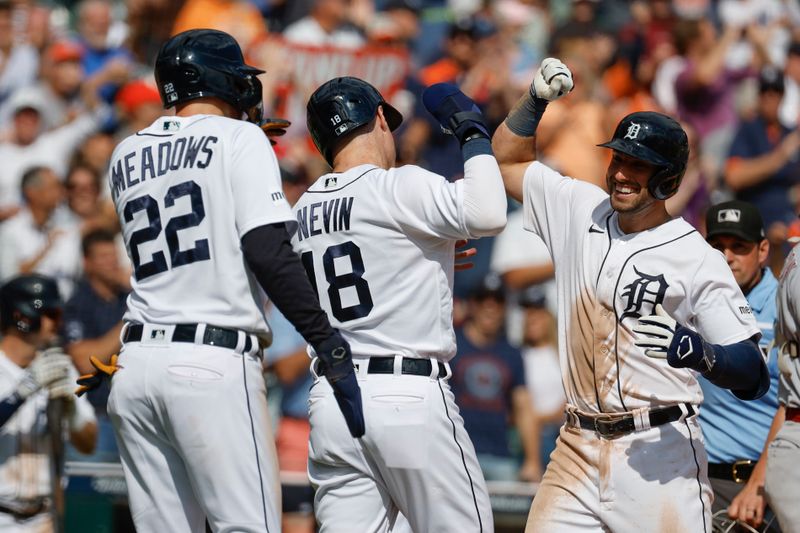 Sep 14, 2023; Detroit, Michigan, USA; Detroit Tigers right fielder Matt Vierling (8) receives congratulations from teammates after he hit a grand slam in the eighth inning against the Cincinnati Reds at Comerica Park. Mandatory Credit: Rick Osentoski-USA TODAY Sports