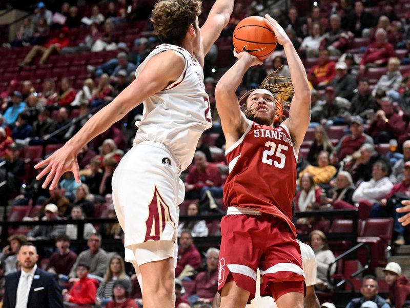 Jan 31, 2026; Tallahassee, Florida, USA; Florida State Seminoles forward Alex Steen (25) attempts to block a shot from Stanford Cardinal guard Jeremy Dent-Smith (25) during the first half at Donald L. Tucker Center. Mandatory Credit: Melina Myers-Imagn Images