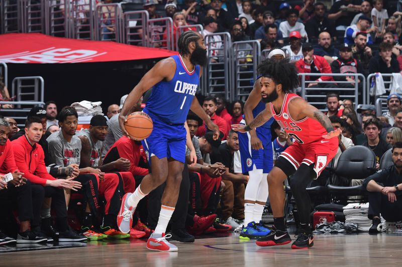 LOS ANGELES, CA - MARCH 9: James Harden #1 of the LA Clippers dribbles the ball during the game against the Chicago Bulls on March 9, 2024 at Crypto.Com Arena in Los Angeles, California. NOTE TO USER: User expressly acknowledges and agrees that, by downloading and/or using this Photograph, user is consenting to the terms and conditions of the Getty Images License Agreement. Mandatory Copyright Notice: Copyright 2024 NBAE (Photo by Adam Pantozzi/NBAE via Getty Images)