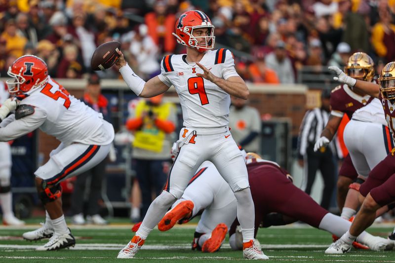 Nov 4, 2023; Minneapolis, Minnesota, USA; Illinois Fighting Illini quarterback Luke Altmyer (9) throws the ball against the Minnesota Golden Gophers during the second half at Huntington Bank Stadium. Mandatory Credit: Matt Krohn-USA TODAY Sports