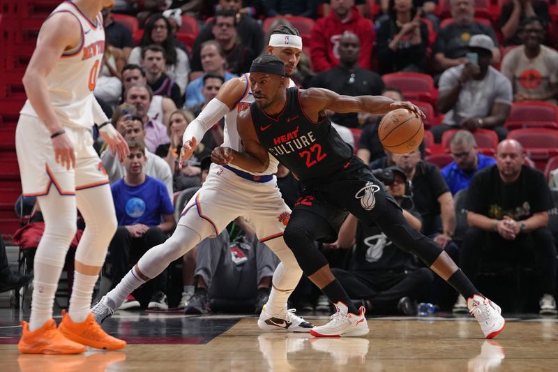 MIAMI, FL - APRIL 2: Jimmy Butler #22 of the Miami Heat dribbles the ball during the game against the New York Knicks  on April 2, 2024 at Kaseya Center in Miami, Florida. NOTE TO USER: User expressly acknowledges and agrees that, by downloading and or using this Photograph, user is consenting to the terms and conditions of the Getty Images License Agreement. Mandatory Copyright Notice: Copyright 2024 NBAE (Photo by Eric Espada/NBAE via Getty Images)