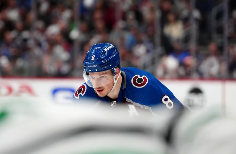 May 17, 2024; Denver, Colorado, USA; Colorado Avalanche defenseman Cale Makar (8) during an overtime period against the Dallas Stars in game six of the second round of the 2024 Stanley Cup Playoffs at Ball Arena. Mandatory Credit: Ron Chenoy-USA TODAY Sports